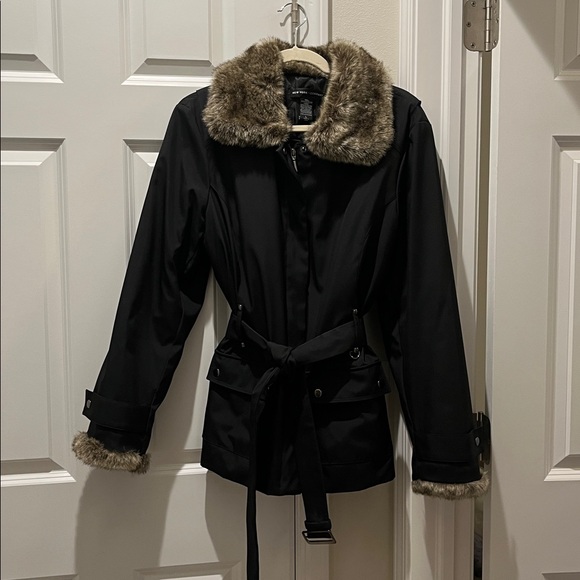 New York & Company L Zip Belted Snap Jacket Faux Fur Trim water repellent NEW - Picture 2 of 11